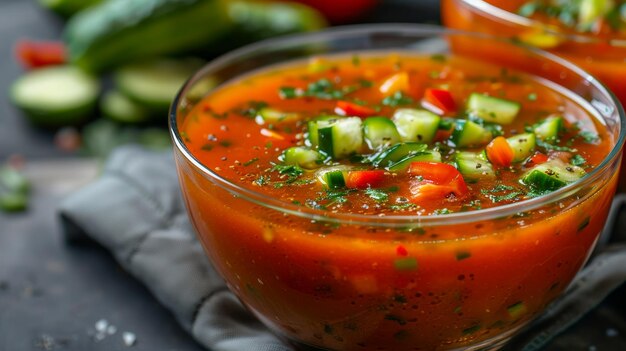 Fresh Homemade Vegetable Gazpacho Soup in Glass Bowls with Cucumber and Bell Pepper Garnish on Dark
