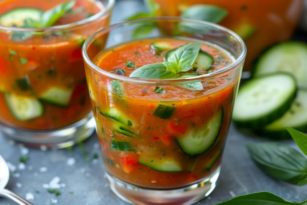 Fresh Homemade Vegetable Gazpacho Soup in Glass Cups with Cucumber Slices and Basil Garnish on