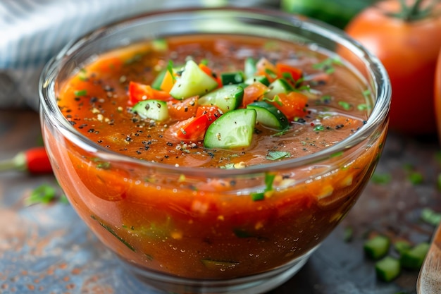 Свежий домашний овощный суп из гаспачо с нарезанными огурцами и помидорами в стеклянной чаше на деревенском столе