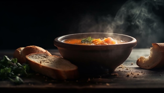 Свежий домашний овощный суп, подаваемый в деревянной чаше, созданной искусственным интеллектом