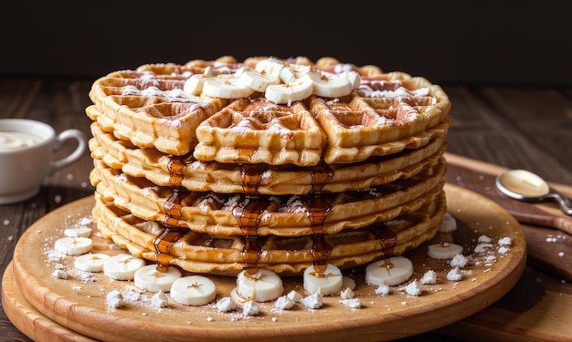 Fresh homemade waffles Waffles with banaba and syrup Homemade square belgian waffles with fresh ripe berries blueberry on white plate Generative AI