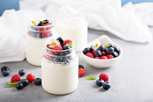 Fresh homemade yogurt in small jars