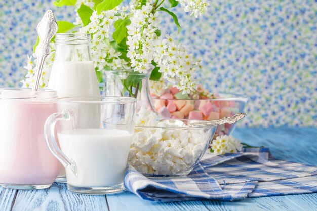 Fresh homemade yogurt with marshmallow slices in a glass