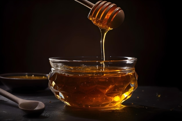 Fresh honey pouring with wooden dipper into glass bowl generative ai generated