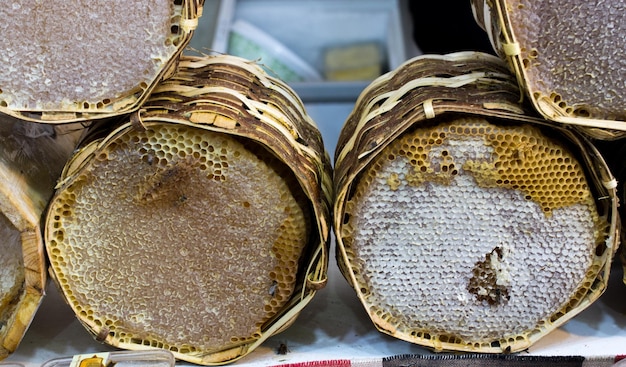 Fresh honey in the sealed comb frame