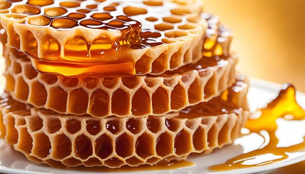 Fresh honeycombs with honey on a white plate isolated on a white background