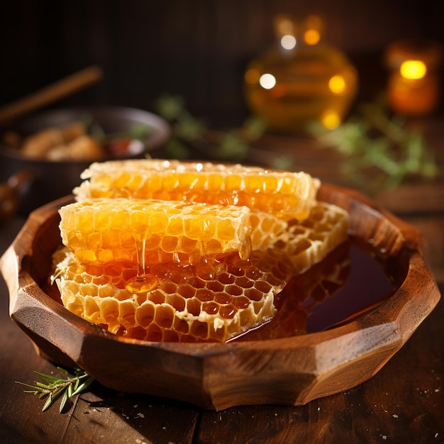 Fresh honeycombs in wooden bowl closeup