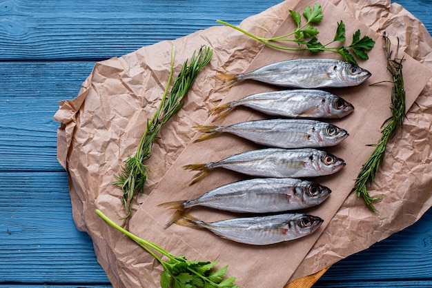 Fresh horse mackerel fish lies on paper on a blue wooden background, greenery is laid out next to it