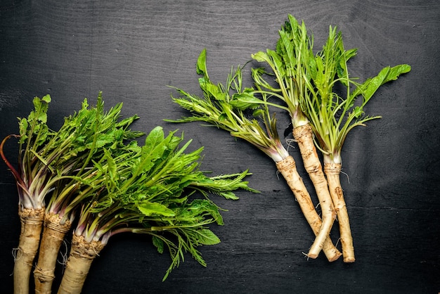 Fresh horseradish. On the black Wooden desk. Top view.