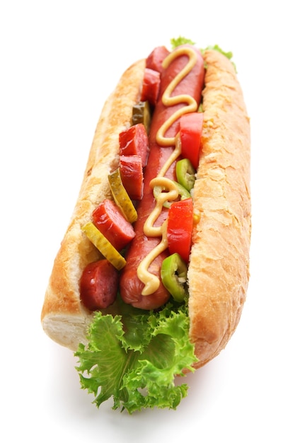 Fresh hot dog isolated on white surface