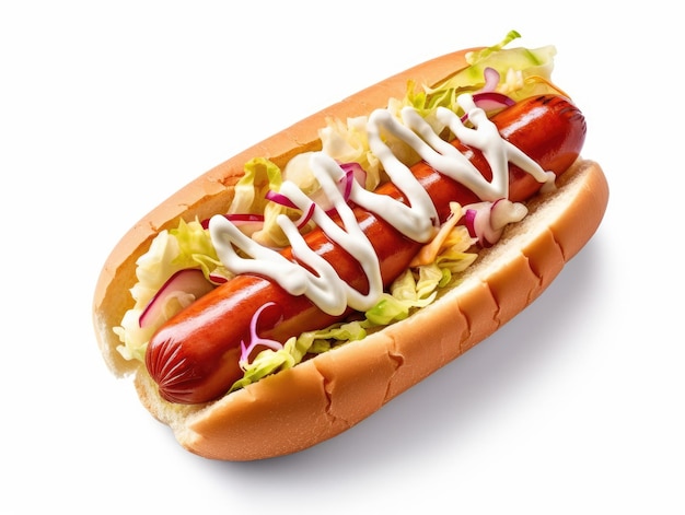 Fresh hot dog with sauces mayonnaise ketchup and mustard and cabbage isolated on a white background