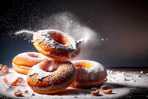 Fresh hot donuts lying on sweet powdered sugar