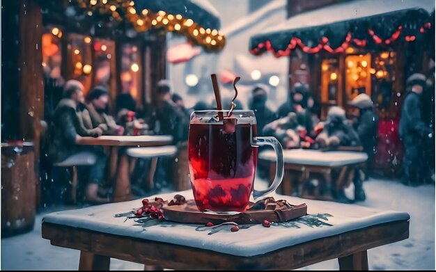 Fresh hot mulled wine a wooden table on christmas market decorated and illuminated outdoor tables of a restaurant of cafe snowy winter day