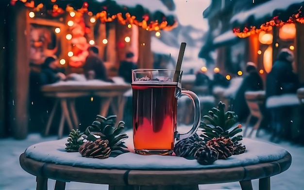 Fresh hot mulled wine a wooden table on christmas market decorated and illuminated outdoor tables of a restaurant of cafe snowy winter day