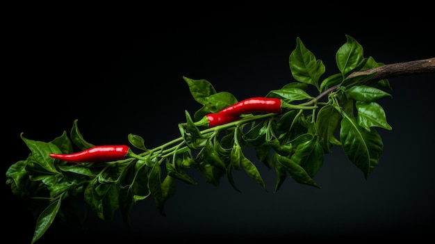fresh hot red chili peppers with green leaves on a black background
