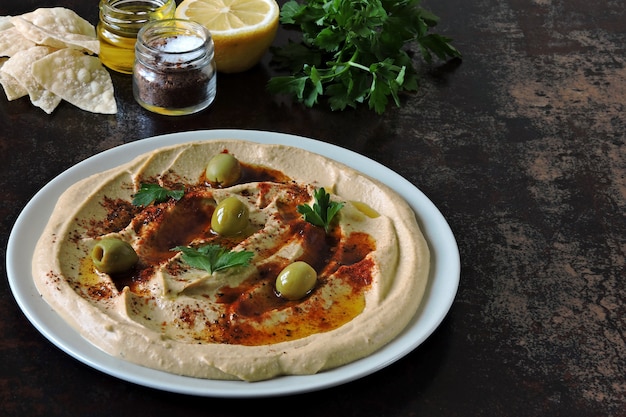 Fresh hummus. Middle Eastern cuisine. Healthy snack.