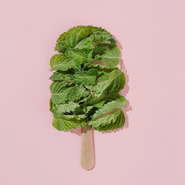 파스텔 핑크색 배경에 여름에 민트 잎이 달린 막대기에 신선한 아이스크림