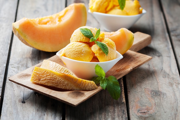 Fresh ice-cream with melon and mint