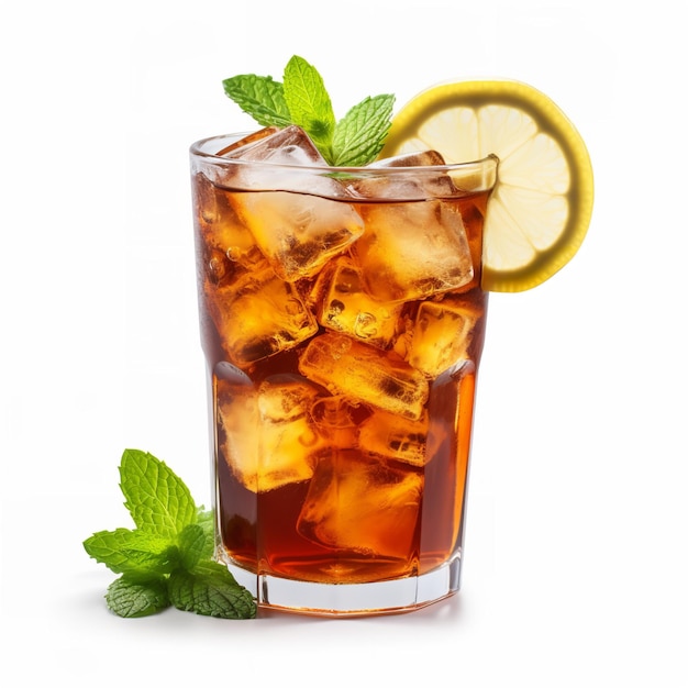 Fresh iced tea glass with ice cubes