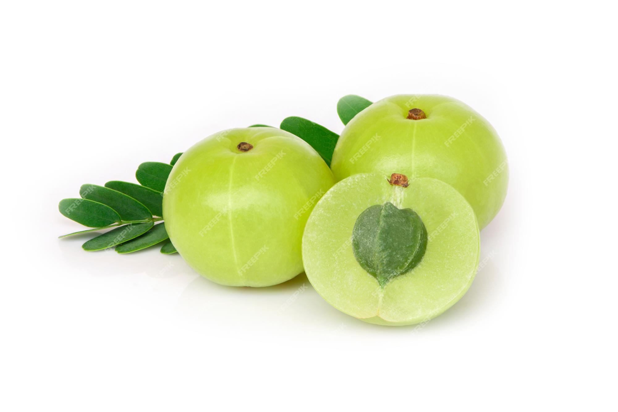 Premium Photo | Fresh indian gooseberry or amla fruit with green leaf  isolated on white background