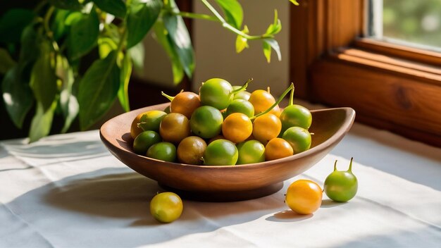 Fresh indian gooseberry fruits in wooden bowl on white