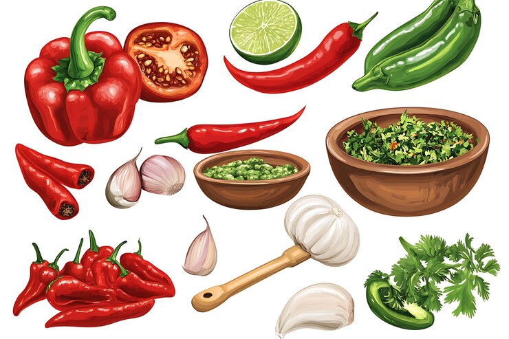 Photo fresh ingredients for spicy green sauce with peppers garlic lime and cilantro
