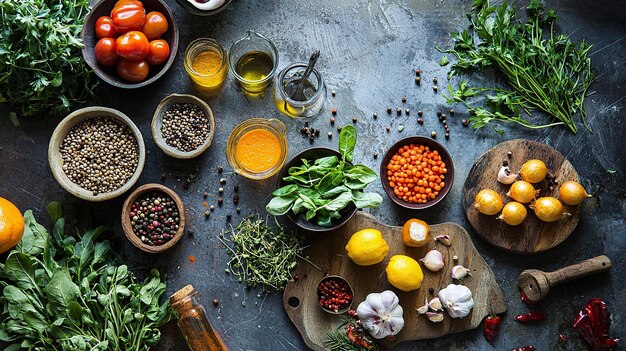 Свежие ингредиенты, разложенные на кухонном столе для кулинарного удовольствия