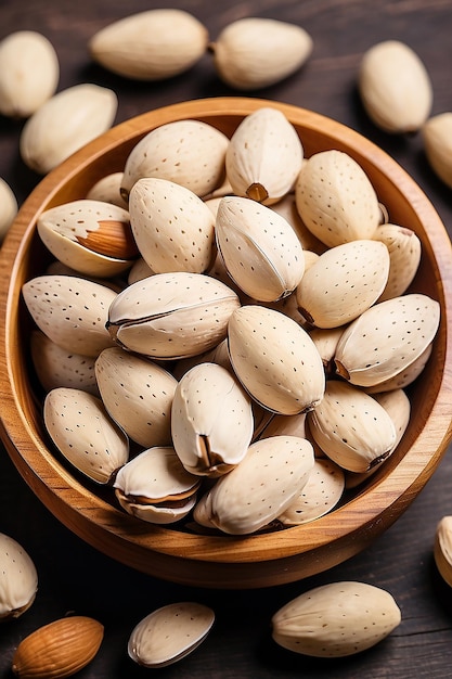 Fresh inshell almonds in a wooden bowl