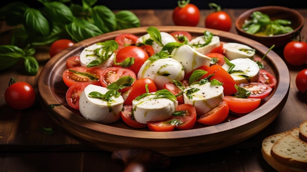 Fresh italian caprese salad with mozzarella and tomatoes on wooden board Generative AI