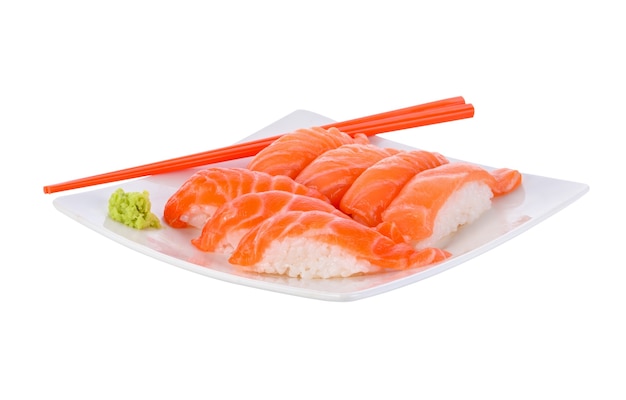 Photo fresh japanese salmon sushi on white.