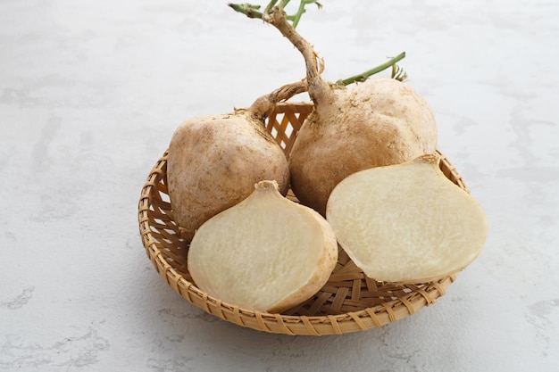 Fresh Jicama or bengkoang white tubers that can be eaten as salad or for face masks