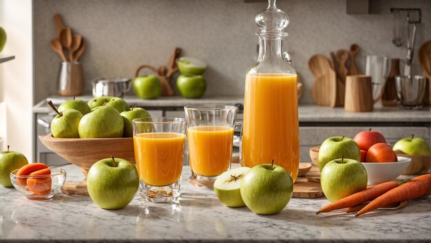 Fresh juice from apple and carrots in the kitchen