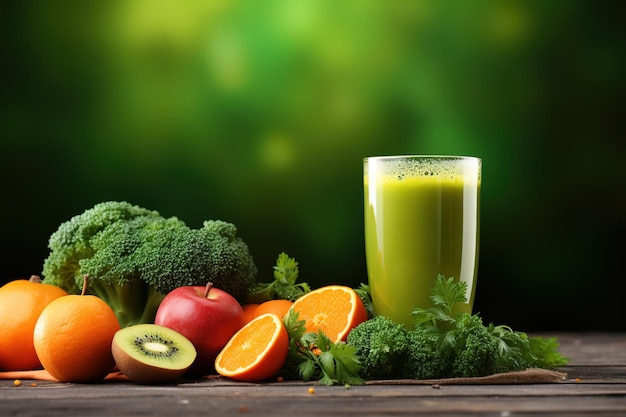 コピースペースのある緑の背景の木製のテーブルにフルーツと野菜を入れたガラスの新鮮なジュース
