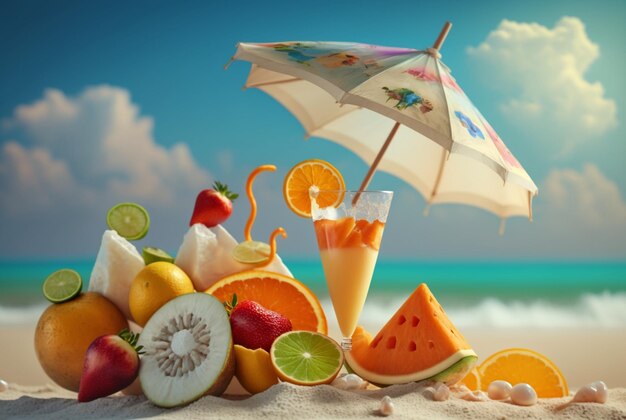 ビーチの背景にフルーツと傘が付いたフレッシュジュース夏休みの背景生成ai
