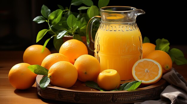 fresh juice with oranges and lemons on wooden table