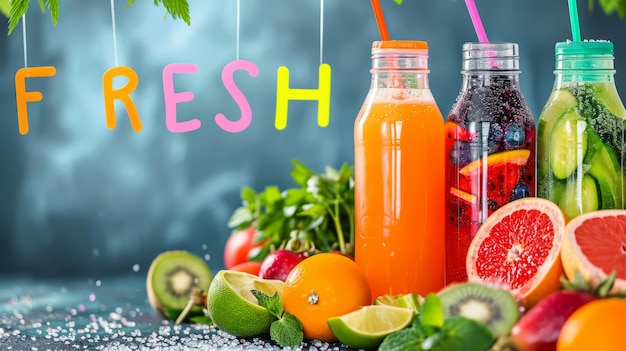 Fresh Juices with Vibrant FRESH on Colorful Background