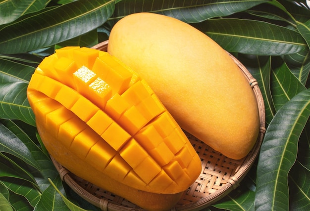 Fresh juicy beautiful diced mango fruit in bamboo basket on green leaves background top view close up macro copy space Tropical summer concept