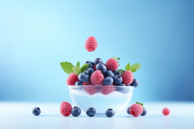 Fresh juicy berries blackberry blueberry in a glass bowl on blue background