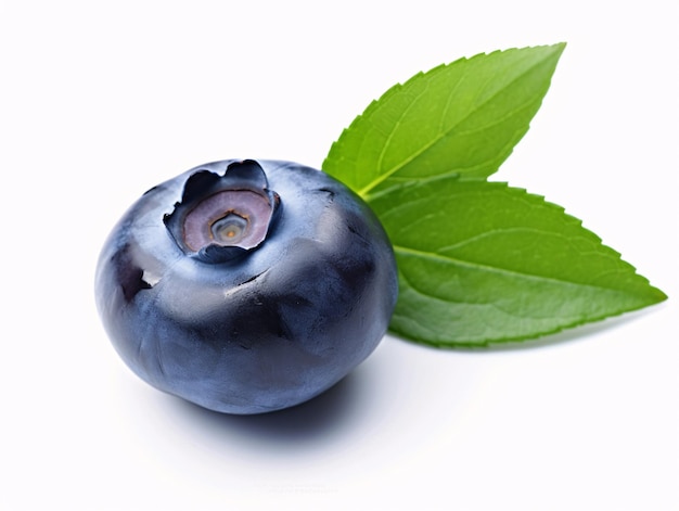 Photo fresh and juicy blueberry with leaf on clean white surface stock image generated by ai