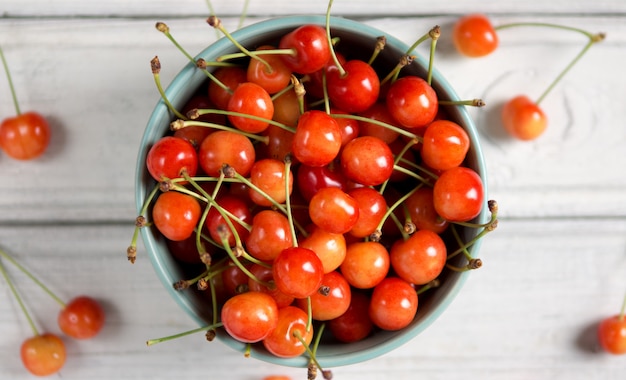 Fresh juicy cherry in a top view plate