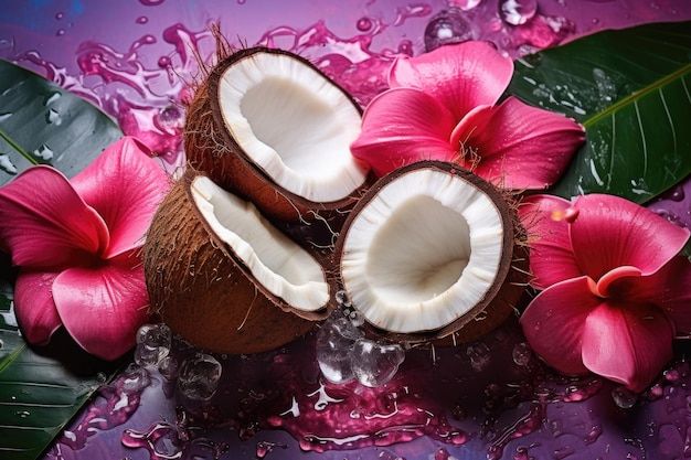 신선하고 육즙이 풍부한 코코넛은 야자 잎과 물방울로 금속성 분홍색으로 칠해진 난초 꽃을 반으로 나눕니다.