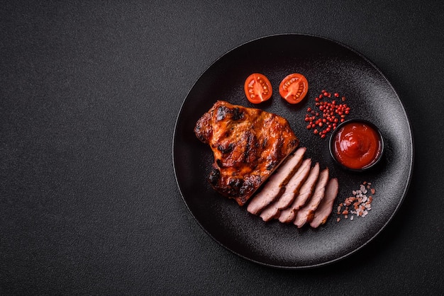 Fresh juicy delicious beef steak on a dark background