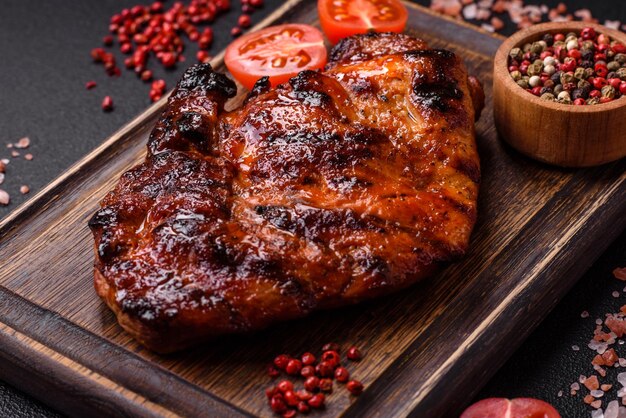 Fresh juicy delicious beef steak on a dark background