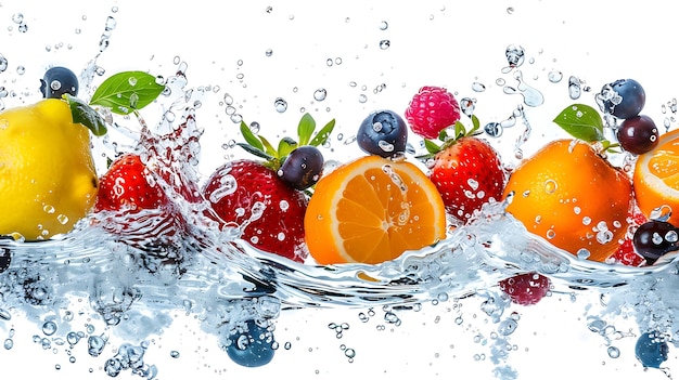 Photo fresh and juicy fruits including strawberries blueberries raspberries and oranges are submerged in water creating a refreshing and vibrant compo