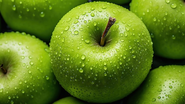 Fresh and juicy green apples Background on the desktop Closeup food photography