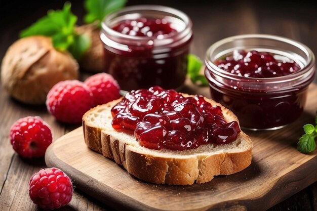 Fresh juicy homemade jam on bread high view