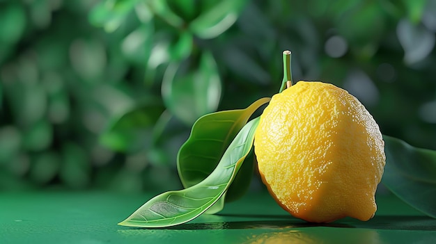 Photo fresh and juicy lemon with green leaves on a green background