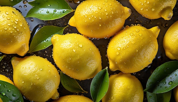 Fresh and juicy lemons with leaves water droplets Tasty and sweet citrus fruits