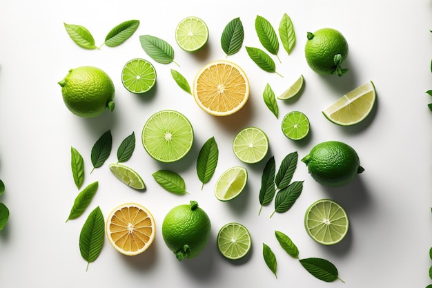 Fresh juicy limes and mint in a flat lay composition on a white background