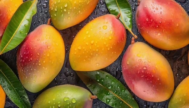 Fresh and juicy mangos with leaves water droplets Tasty tropical fruits